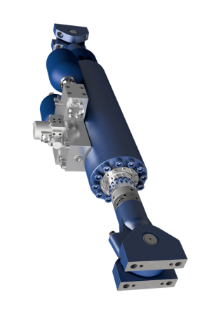 Servo cylinder actuator with onboard valve, manifold, and accumulators painted dark navy blue.
