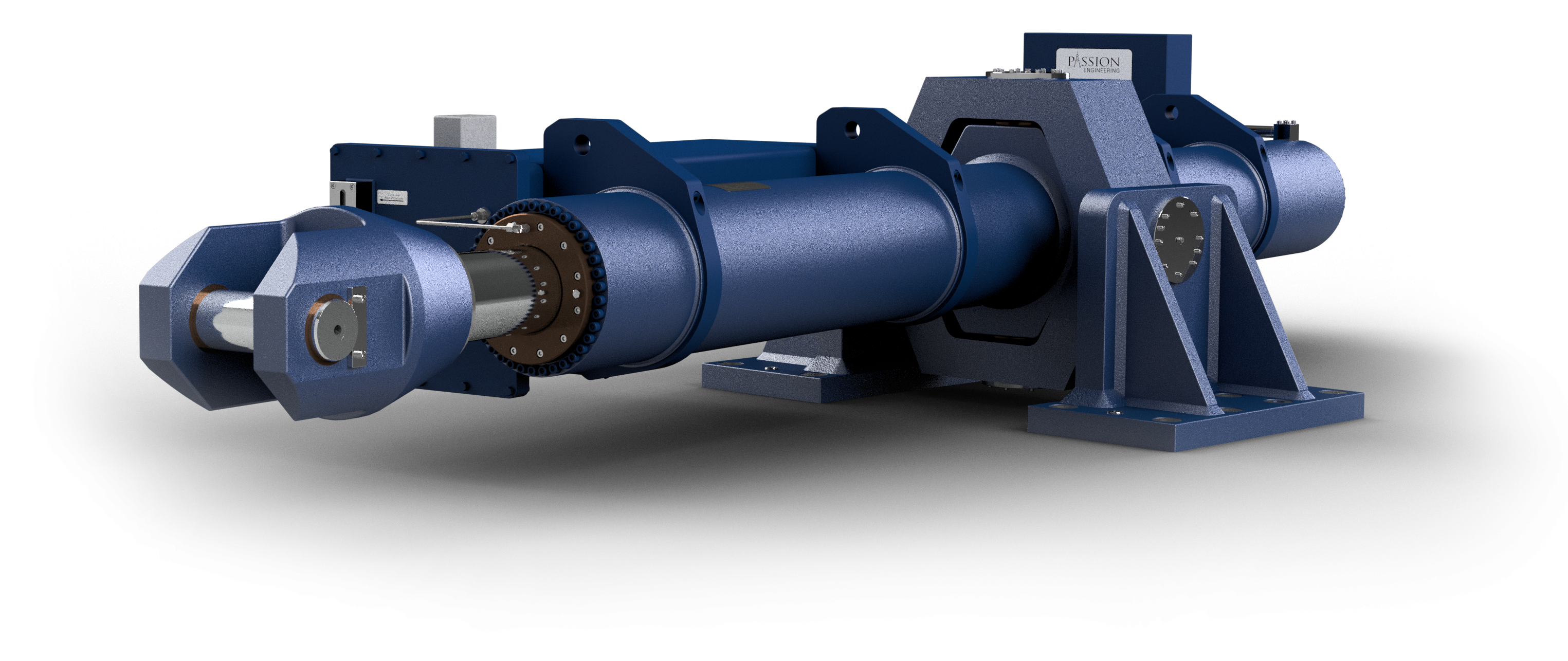 Large specialty cylinder with mid-span gimbal mount and integral hydraulic power unit