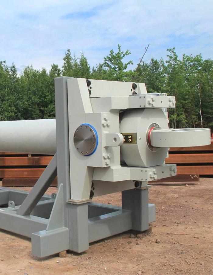 Transporter erector launcher hydraulic cylinder with head gimbal assembly in custom transport frame.
