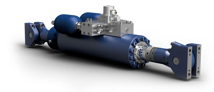 Specialty hydraulic actuator model with integral manifold, servo, and accumulators