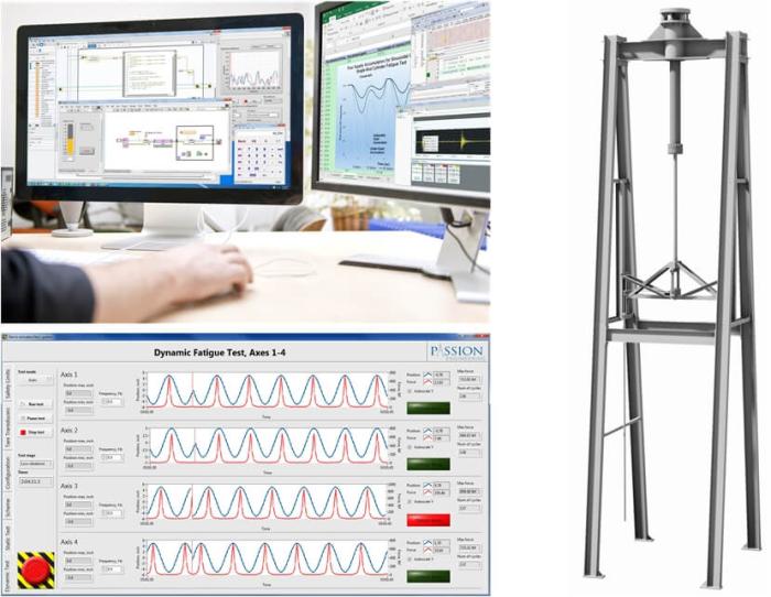 Vertical tensile test machine with large bore cylinder and image of control system design work on PC monitor.