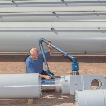 Long stroke dam intake gate hydraulic cylinder receiving final inspection with portable CMM before delivery